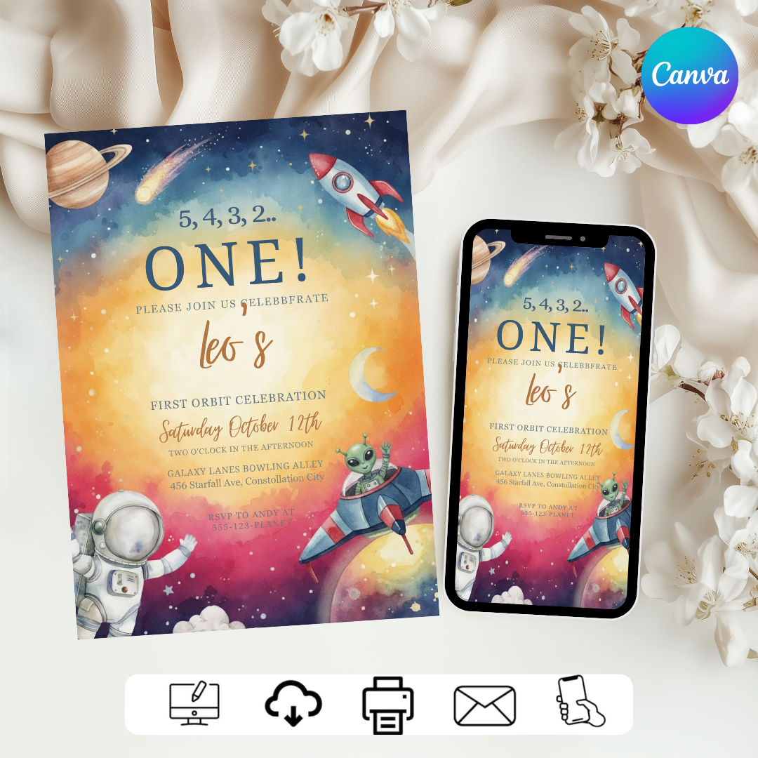 Boy's First Orbit Birthday Invitation Template | Editable Outer Space Party Invite | Astronaut Galaxy 1st Birthday | Printable Digital Download