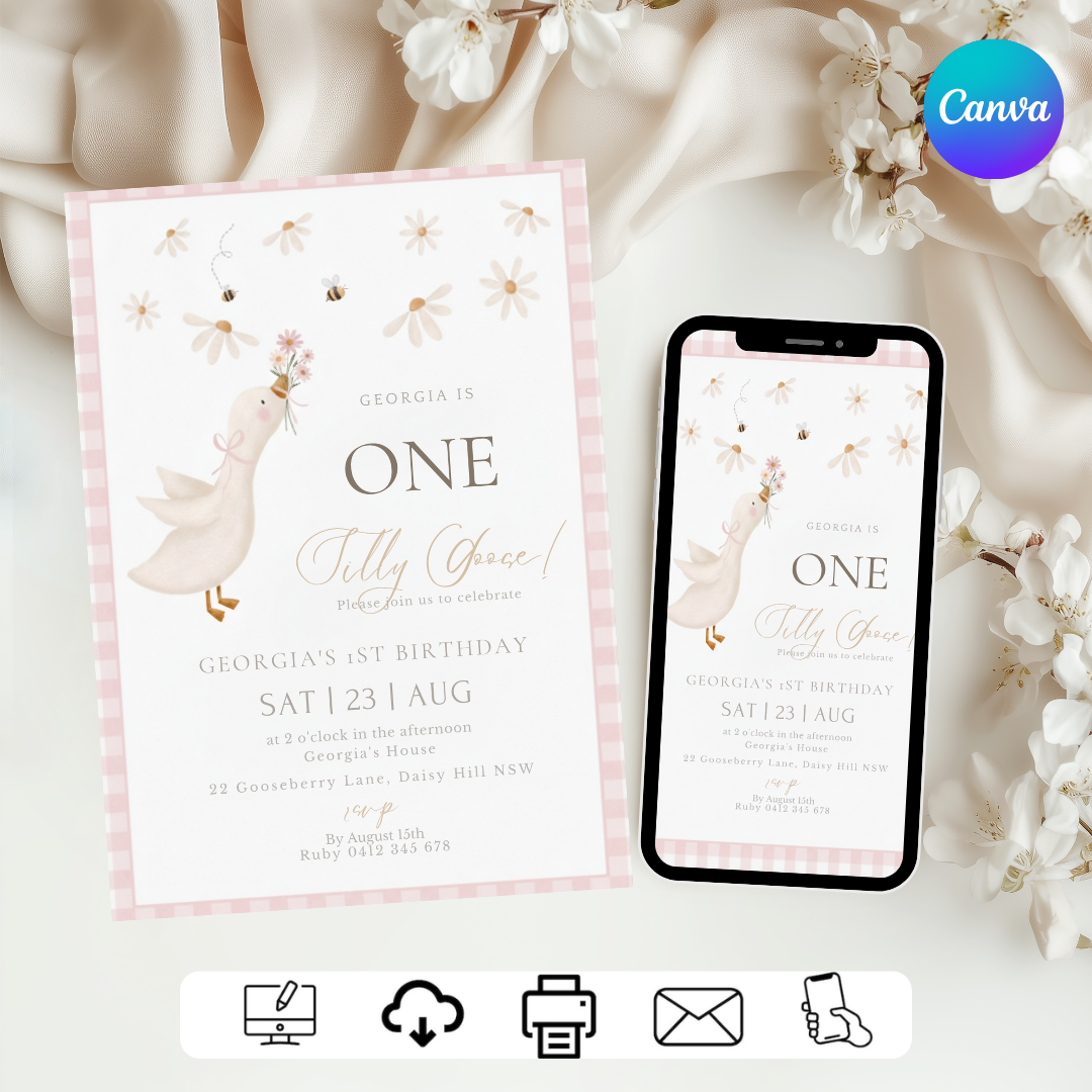 Silly Goose Birthday Invitation Girl | Editable 1st Birthday Invite Template | Daisy Floral Party | Pink Gingham Evite | Instant Download