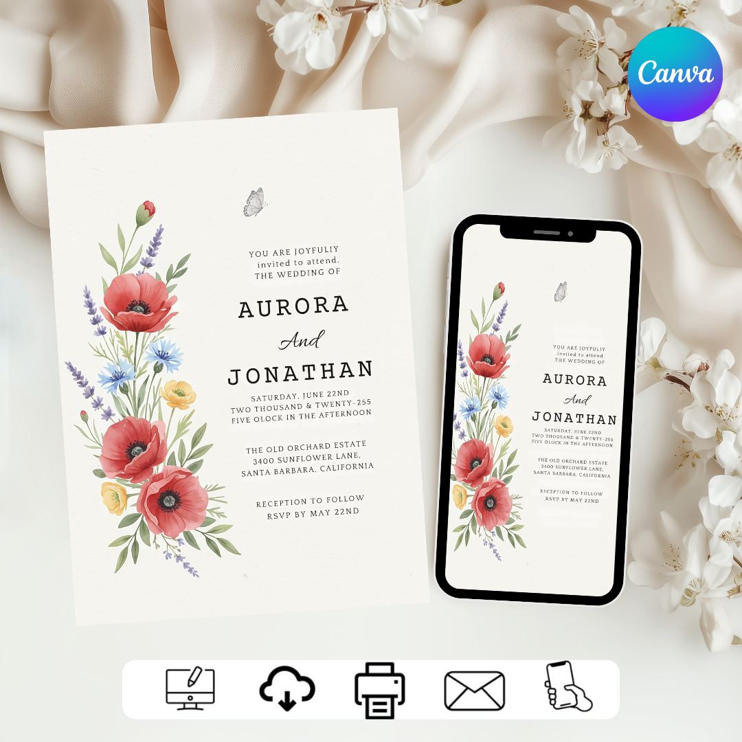 Wildflower Wedding Invitation Template | Editable Poppy Floral Invite | Rustic Garden Wedding | Printable Digital Evite | Instant Download