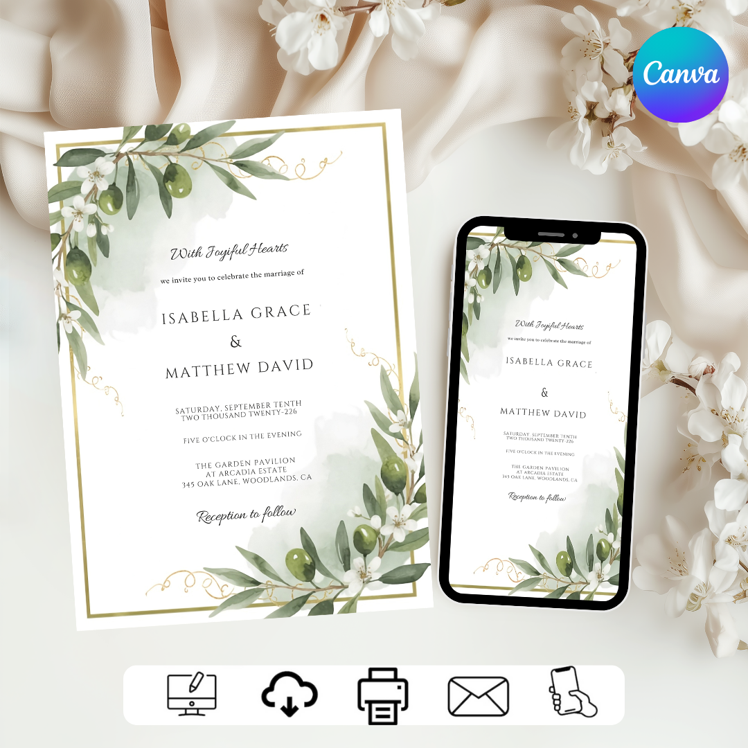 Olive Branch Wedding Invitation Template | Editable Greenery Invite | Gold Frame Rustic Wedding Stationery | Printable Instant Download