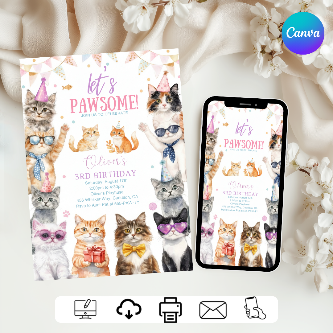 Cat Birthday Invitation Template | Pawsome Kitten Party Invite for Boy or Girl | Editable Canva Evite | Kids Pet Theme | Instant Download