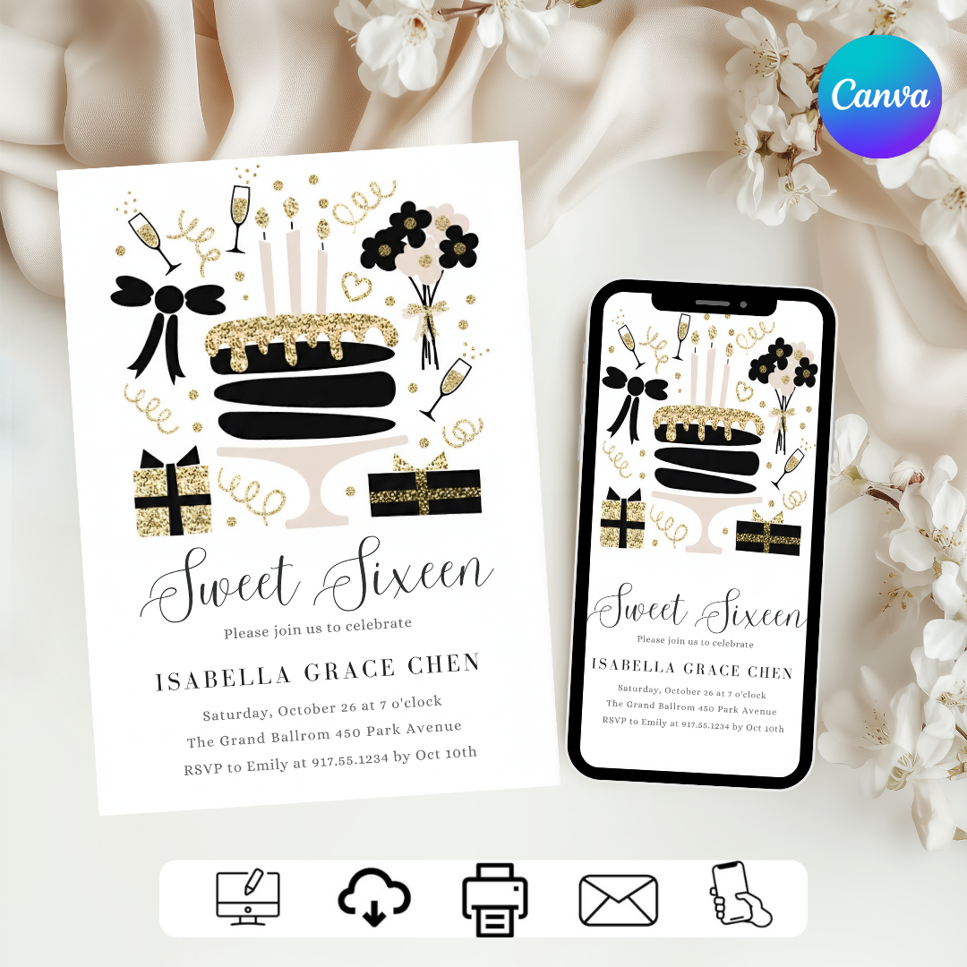 Elegant Sweet Sixteen Invitation | Black and Gold Glitter 16th Birthday Invite for Her | Editable Canva Template | Printable & Digital Download