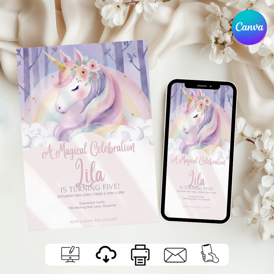 Magical Unicorn Birthday Invitation Girl | Editable 5th Birthday Party Invite | Pastel Rainbow Floral Template | Printable | Instant Download