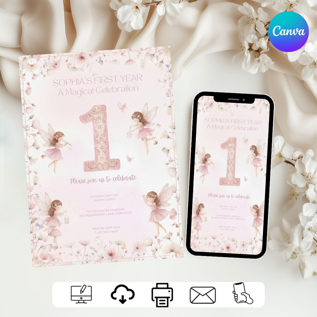 Fairy First Birthday Invitation Girl | Magical Enchanted Garden Party Invite | Editable Pink Gold Template | Printable Digital Instant Download