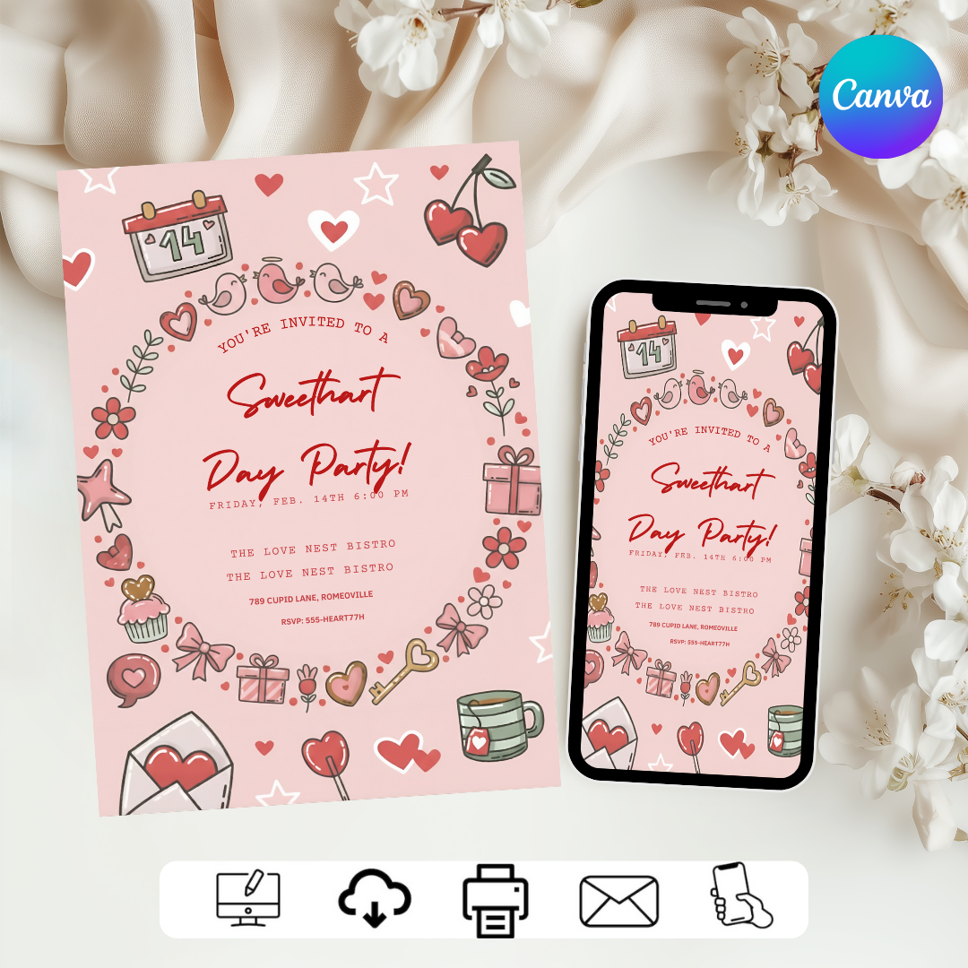 Editable Valentine's Day Party Invitation | Sweetheart Day Invite Template | Galentine's Party Printable | Cute Doodle V-Day Evite | Instant Download