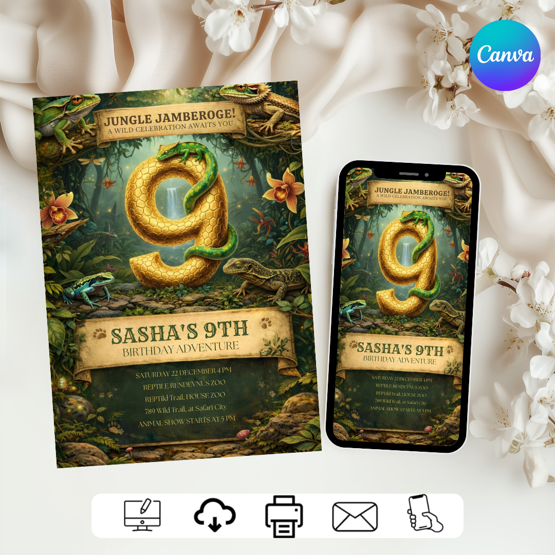 Reptile Birthday Invitation | Jungle Adventure Party Invite for Boy or Girl | Editable 9th Birthday Template | Lizard & Frog Theme | Digital Evite