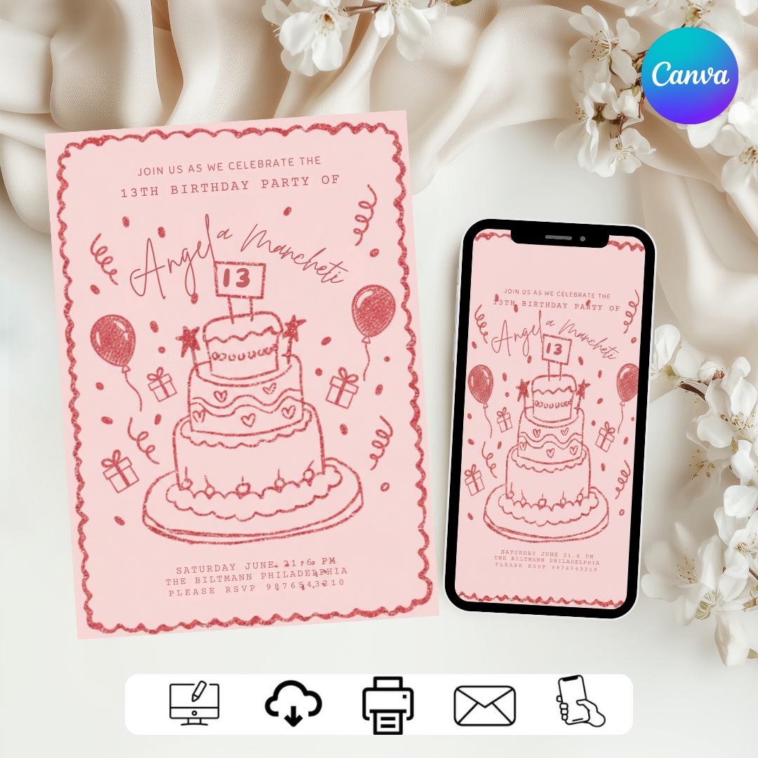 Girl's 13th Birthday Invitation Template | Editable Teen Birthday Invite | Pink Doodle Cake Party | Printable Digital Evite | Instant Download