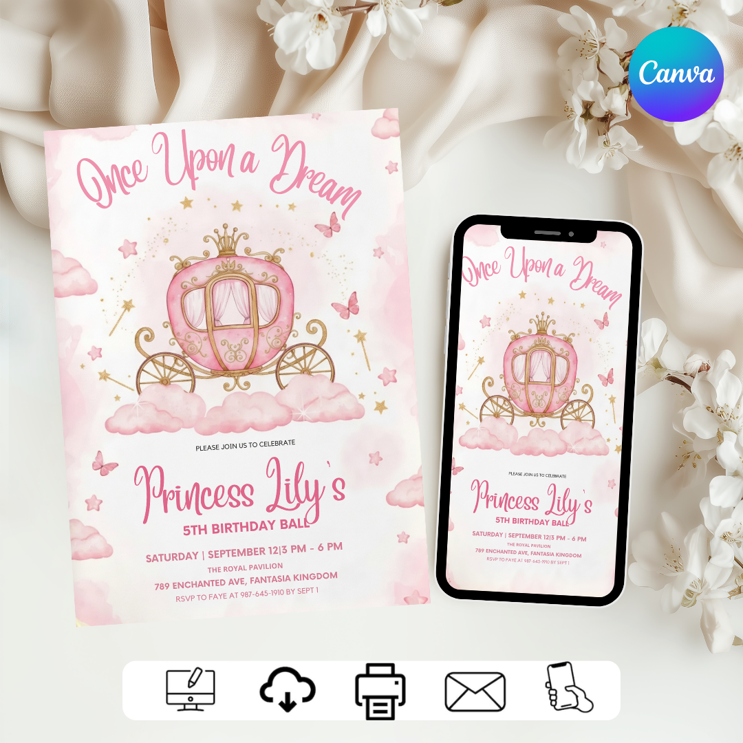 Princess Birthday Invitation Girl | Pink Gold Carriage Invite | Editable Fairytale Royal Ball Template | Instant Download | Digital Evite