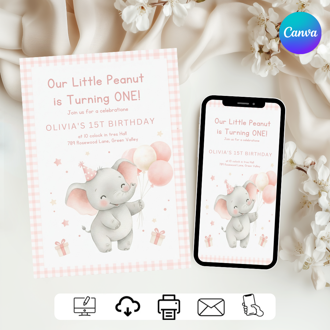 Elephant First Birthday Invitation Girl | Little Peanut is ONE Invite Template | Editable Pink Gingham Party | Printable Digital Evite