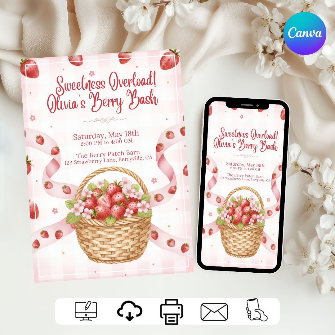 Strawberry Birthday Invitation Girl | Berry First Birthday Invite Template | Editable Sweetness Overload Party | Printable Digital Instant Download