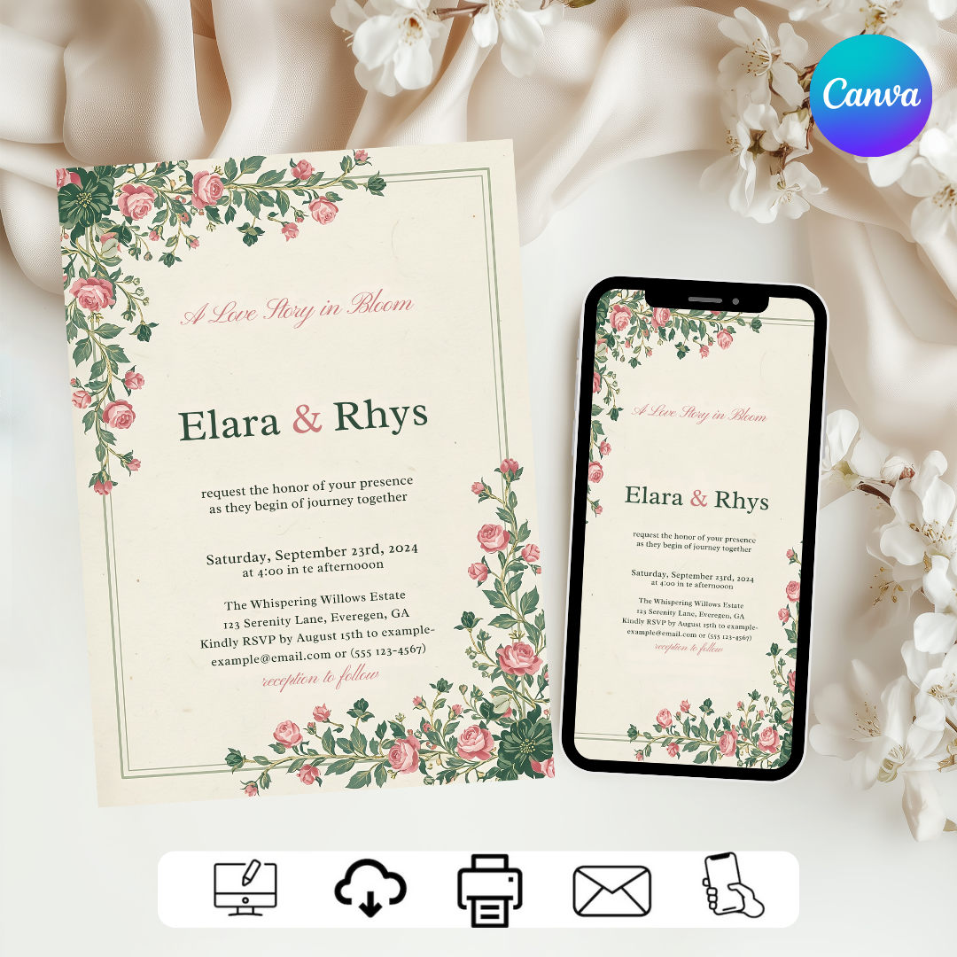 Romantic Floral Wedding Invitation Template | Editable Pink Roses Invite | Garden Wedding Printable | Vintage Evite | Instant Digital Download
