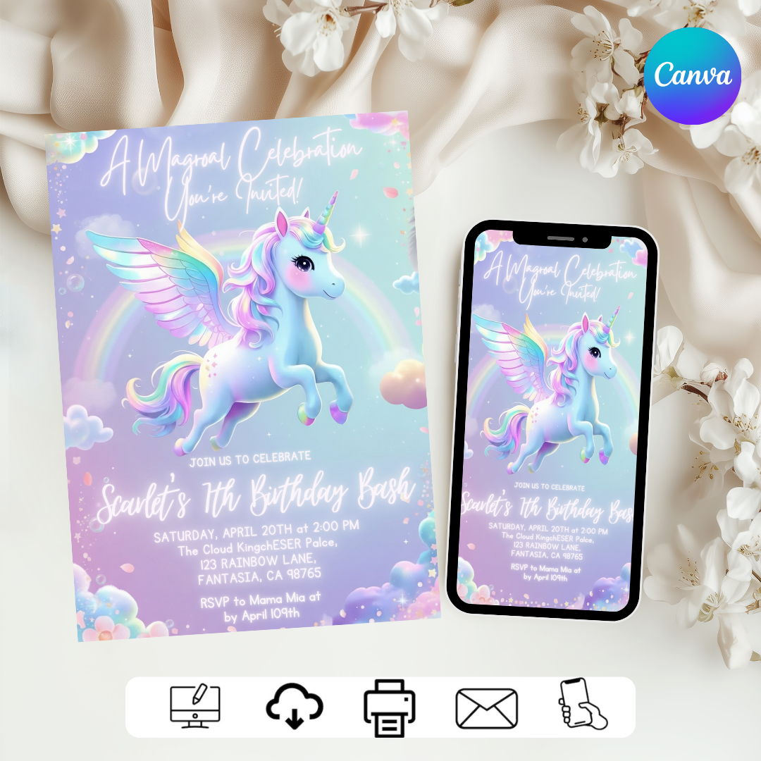 Magical Unicorn Birthday Invitation Girl | Editable Rainbow Party Invite Template | Pastel Cloud Theme | Printable 7th Birthday | Instant Download