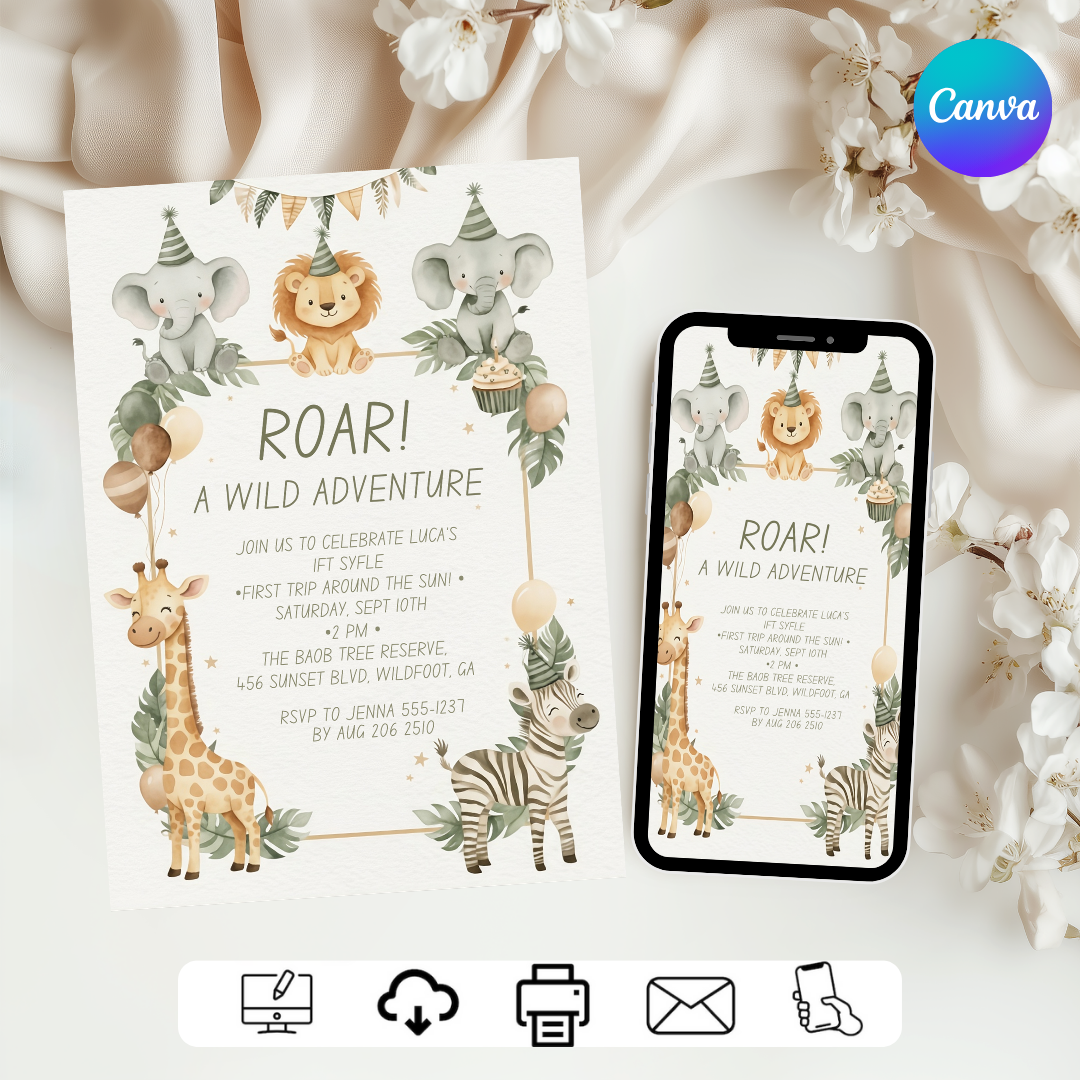 Editable Safari Birthday Invitation | Wild One First Birthday Invite for Boy or Girl | Jungle Animals Template | First Trip Around the Sun