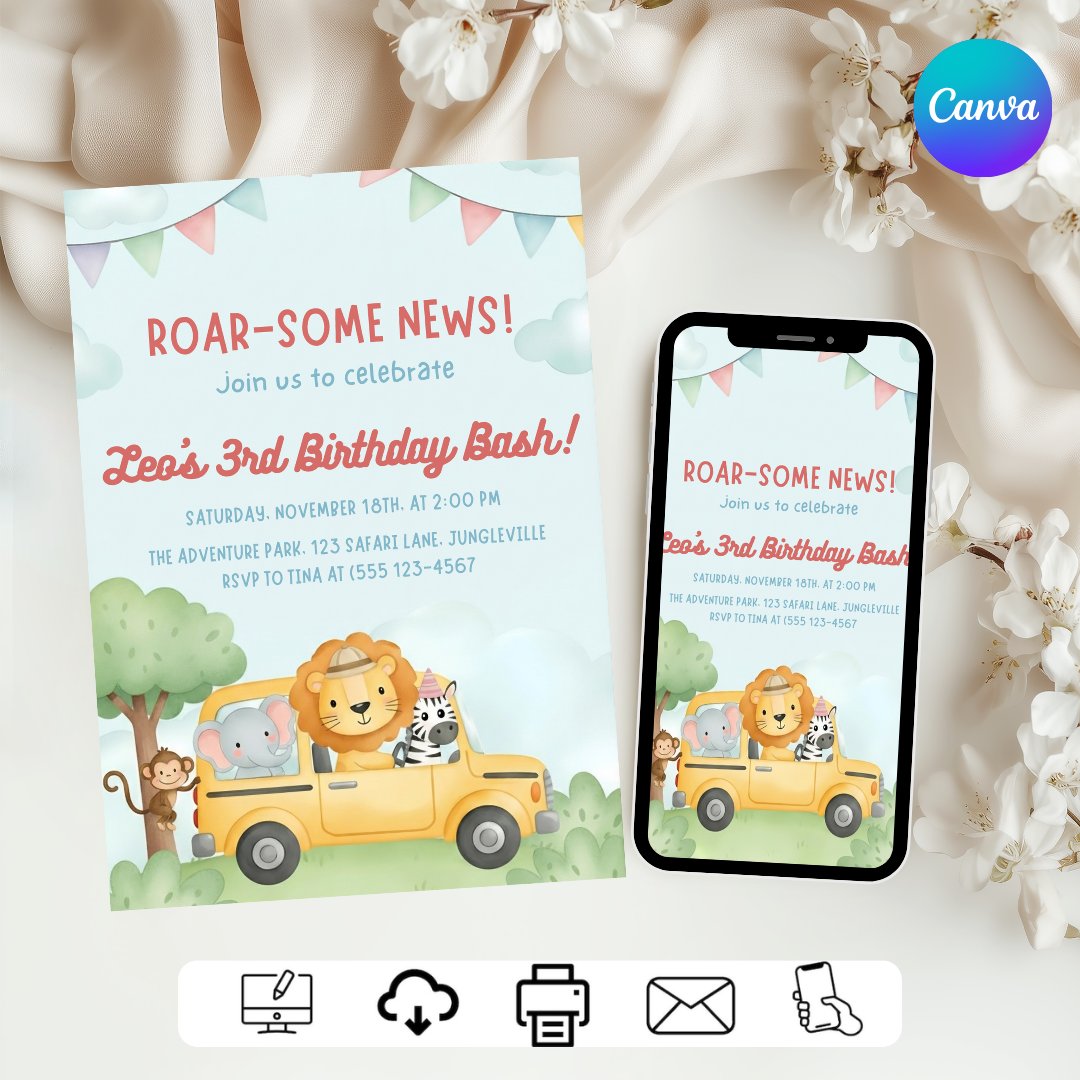 Safari Birthday Invitation Boy | Editable Jungle Animals 3rd Birthday Bash | Printable Wild One Party Invite | Digital Download Canva Template