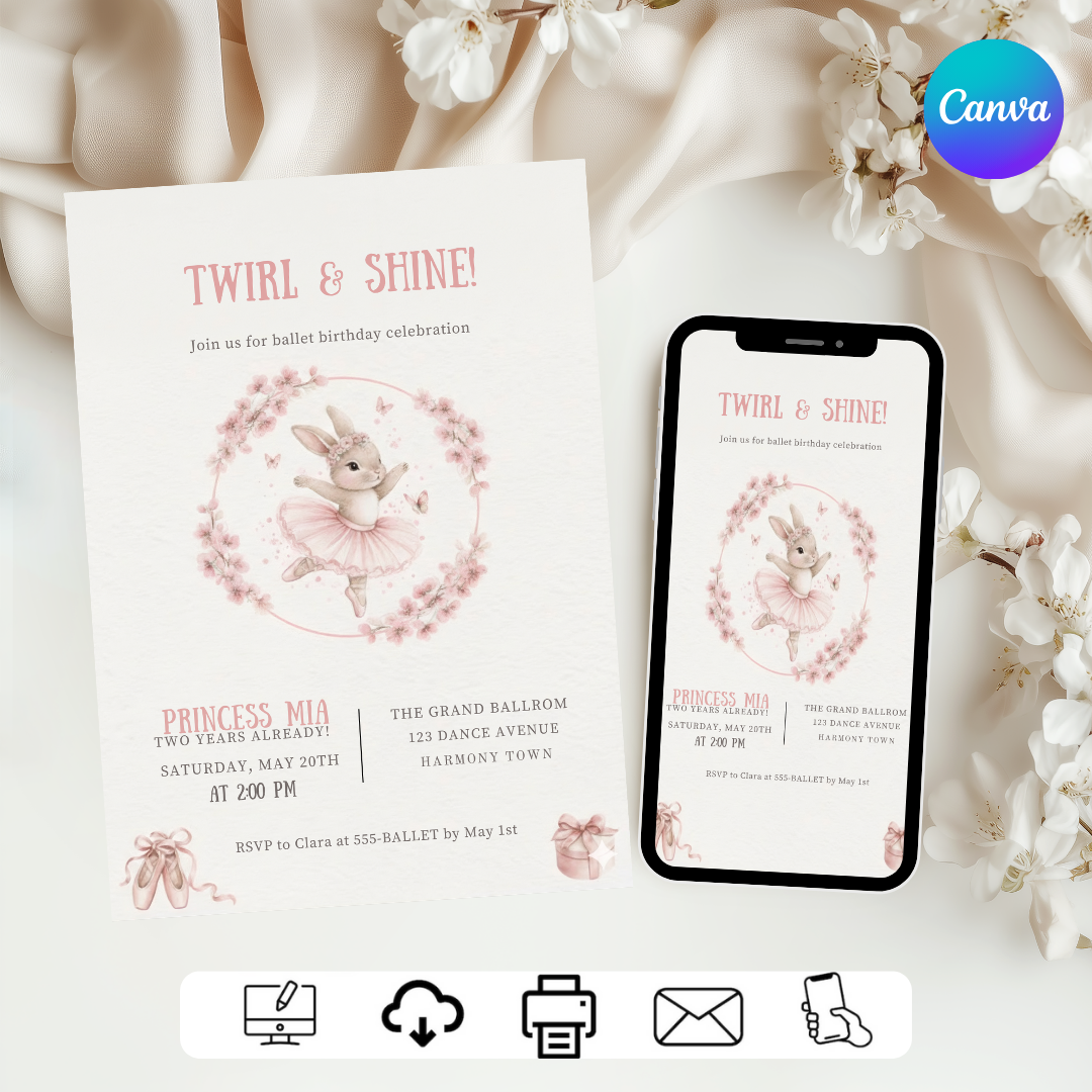 Bunny Ballerina Birthday Invitation | Girl's Third Birthday Invite Template | Editable Twirl & Shine Party | Printable Digital Instant Download