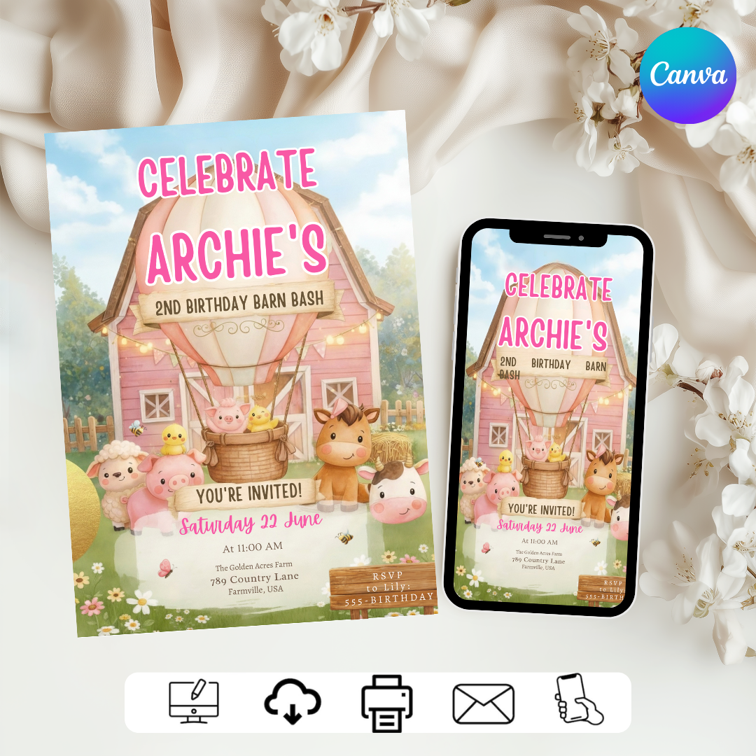 Farm Animal Birthday Invitation Girl | Editable Pink Barnyard Bash Template | Cute Farm Animals Party Invite | Second Birthday | Instant Download