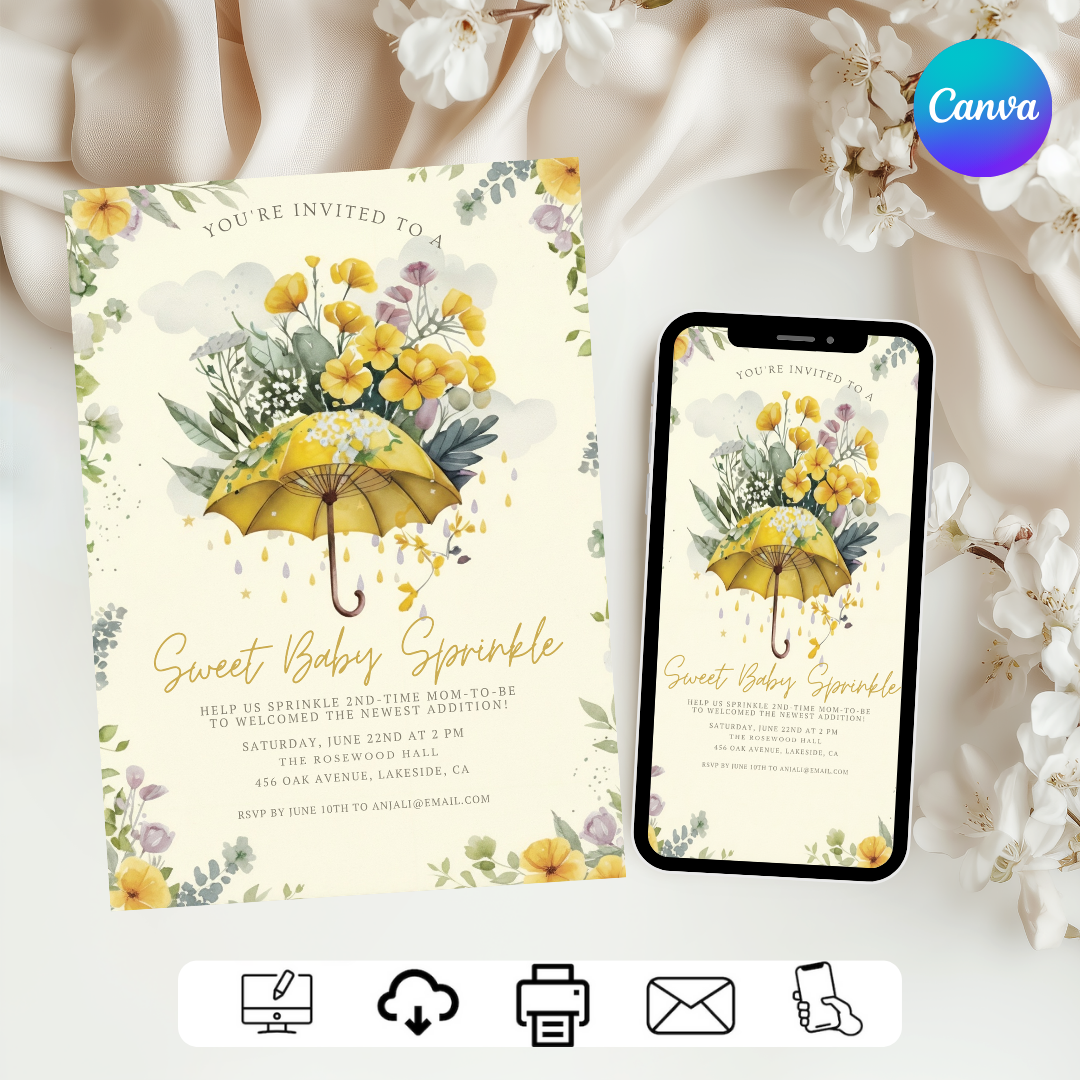 Baby Sprinkle Invitation Template | Yellow Umbrella Floral Invite | Editable Sprinkle for Boy or Girl | Watercolor 2nd Baby Shower | Printable