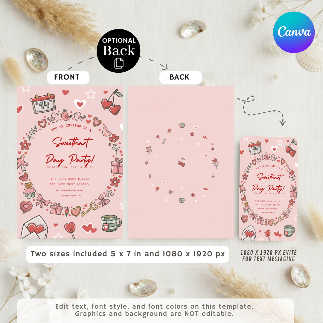 Editable Valentine's Day Party Invitation | Sweetheart Day Invite Template | Galentine's Party Printable | Cute Doodle V-Day Evite | Instant Download