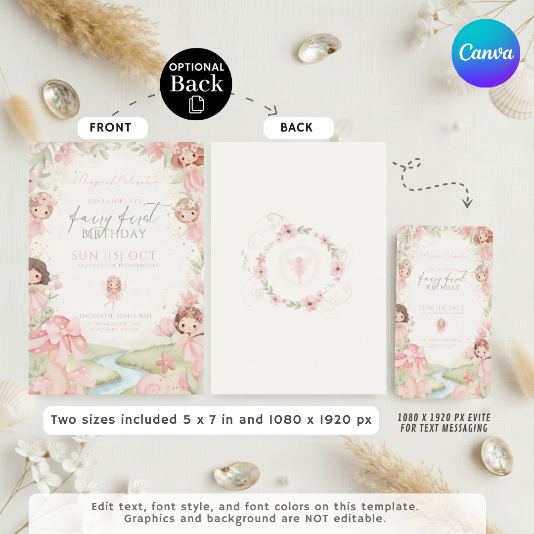 Fairy First Birthday Invitation Girl | Editable Enchanted Forest Invite | Magical 1st Birthday Party Template | Pink and Gold | Digital Evite