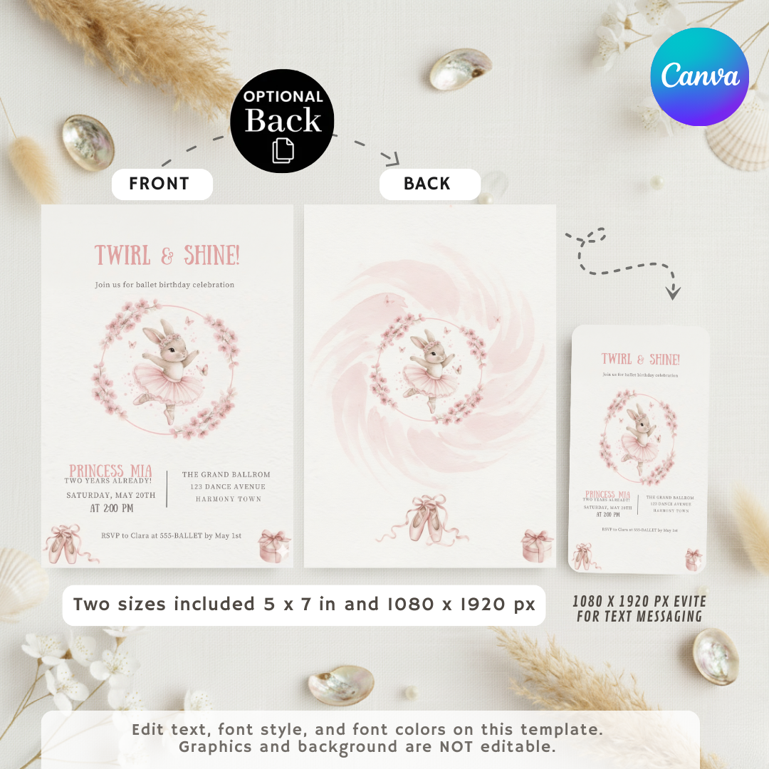 Bunny Ballerina Birthday Invitation | Girl's Third Birthday Invite Template | Editable Twirl & Shine Party | Printable Digital Instant Download