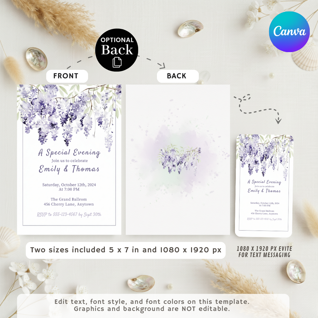 Wisteria Wedding Invitation Template | Editable Purple Floral Invite | Printable Garden Bridal Shower | Digital Download | Elegant Watercolor Evite