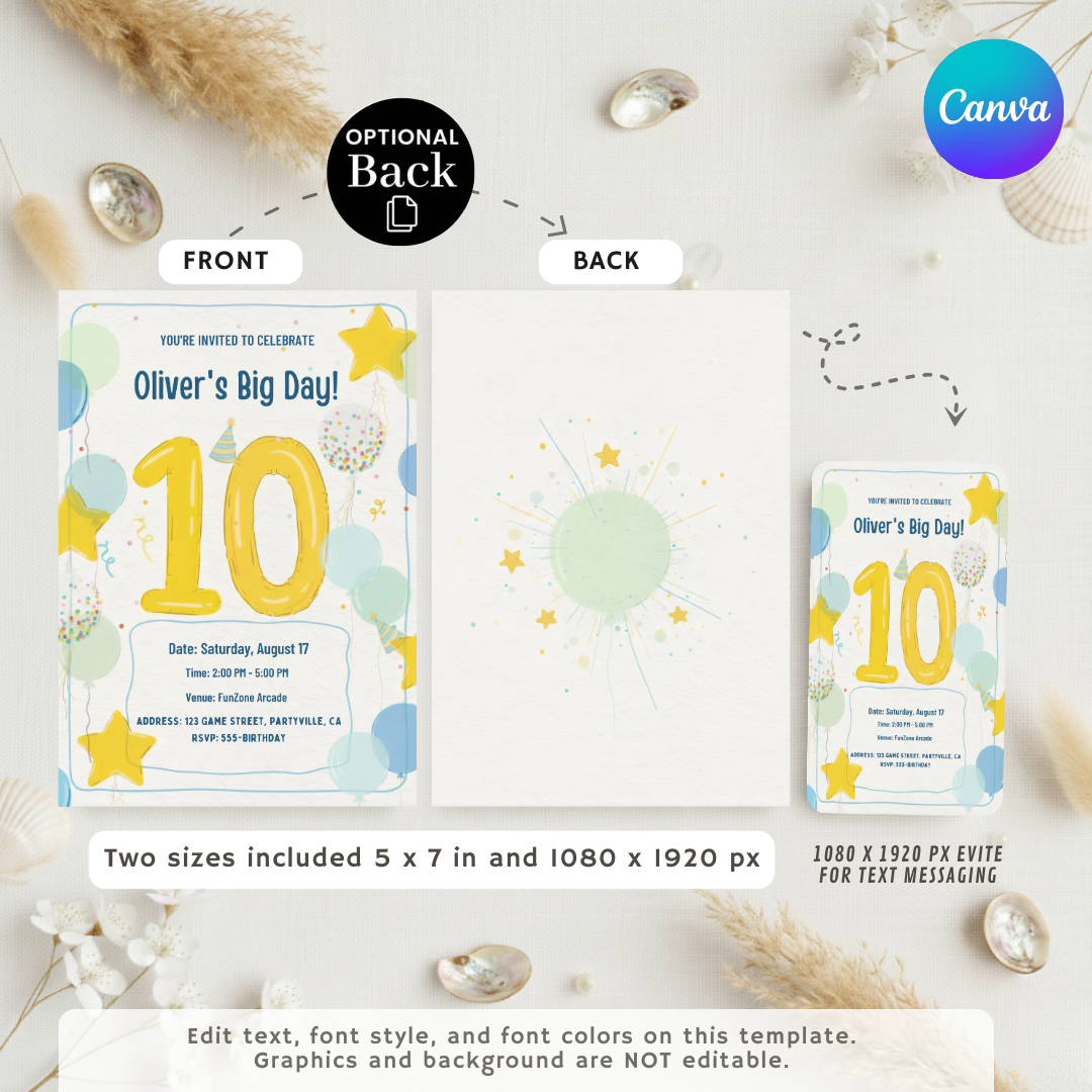 Boy's 10th Birthday Invitation Template | Editable Big Ten Party Invite | Yellow & Blue Balloon Theme | Printable Digital Evite | Instant Download
