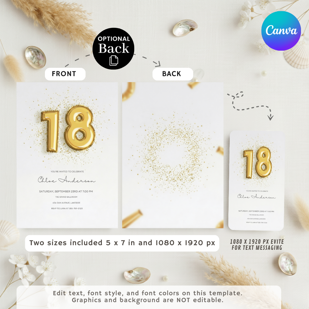 18th Birthday Invitation Template | Gold Balloon Invite for Her | Editable Elegant Party Evite | Modern Glam Birthday | Instant Digital Download