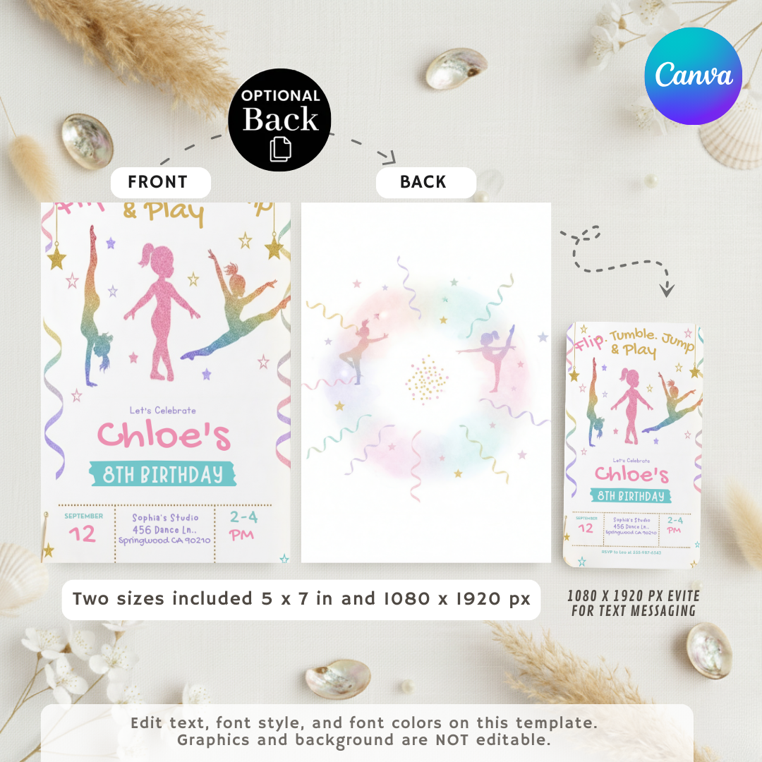 Gymnastics Birthday Invitation Girl | Editable Tumbling Party Invite | Flip Jump Play Template | Printable & Digital Evite | Instant Download