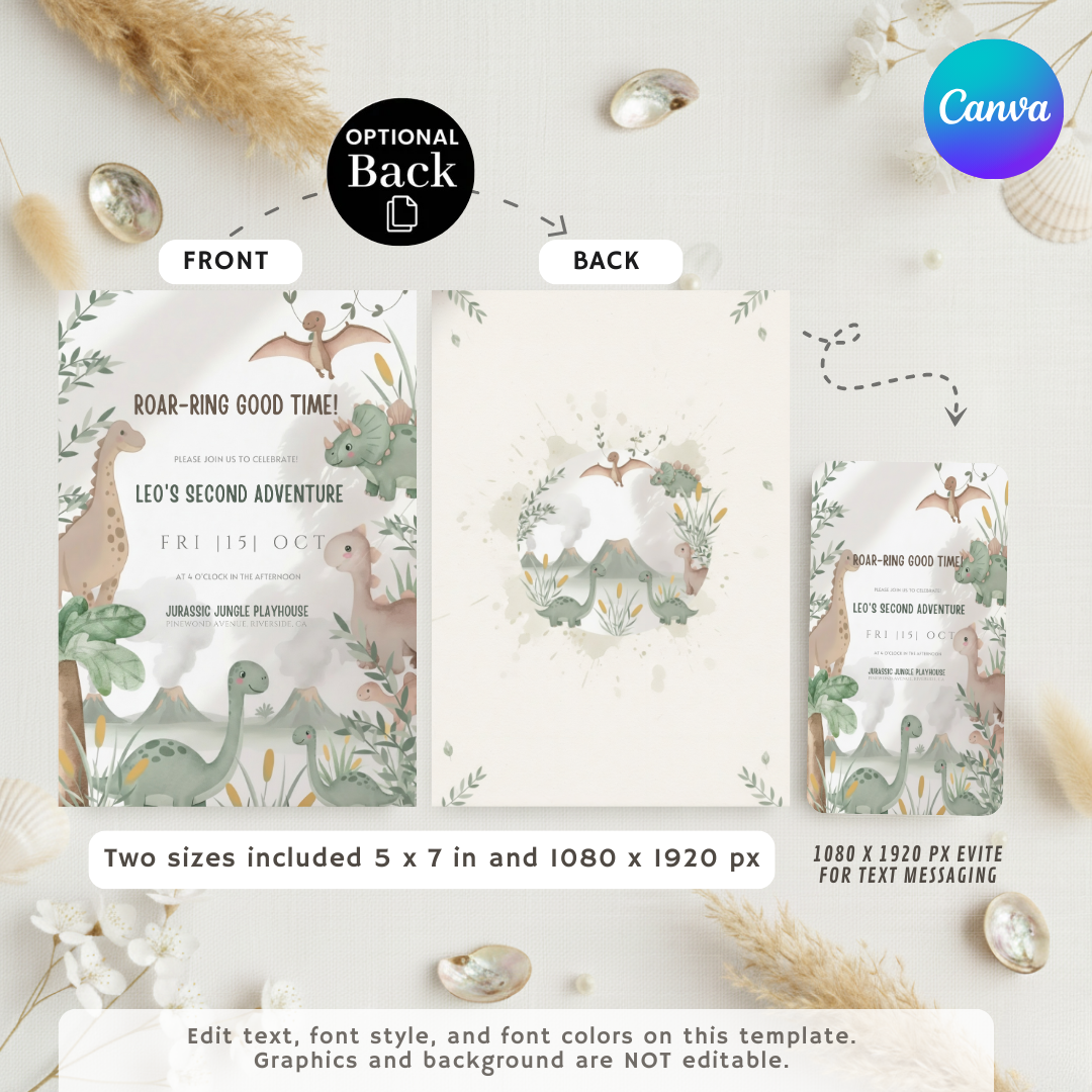 Dinosaur Birthday Invitation Boy | Editable 2nd Birthday Invite | Cute Dino Party Template | Roar Jungle Two Rex | Printable & Digital Evite