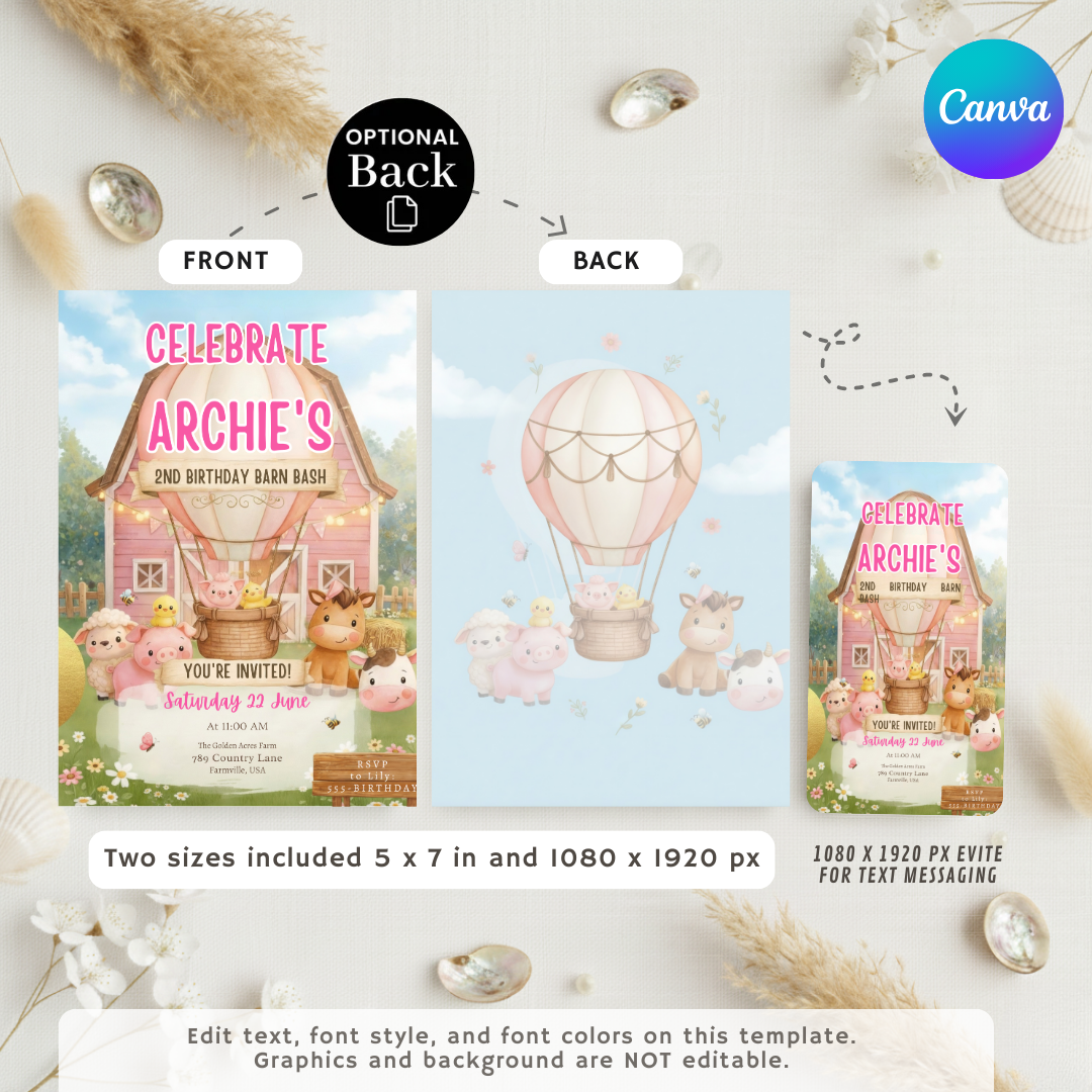 Farm Animal Birthday Invitation Girl | Editable Pink Barnyard Bash Template | Cute Farm Animals Party Invite | Second Birthday | Instant Download