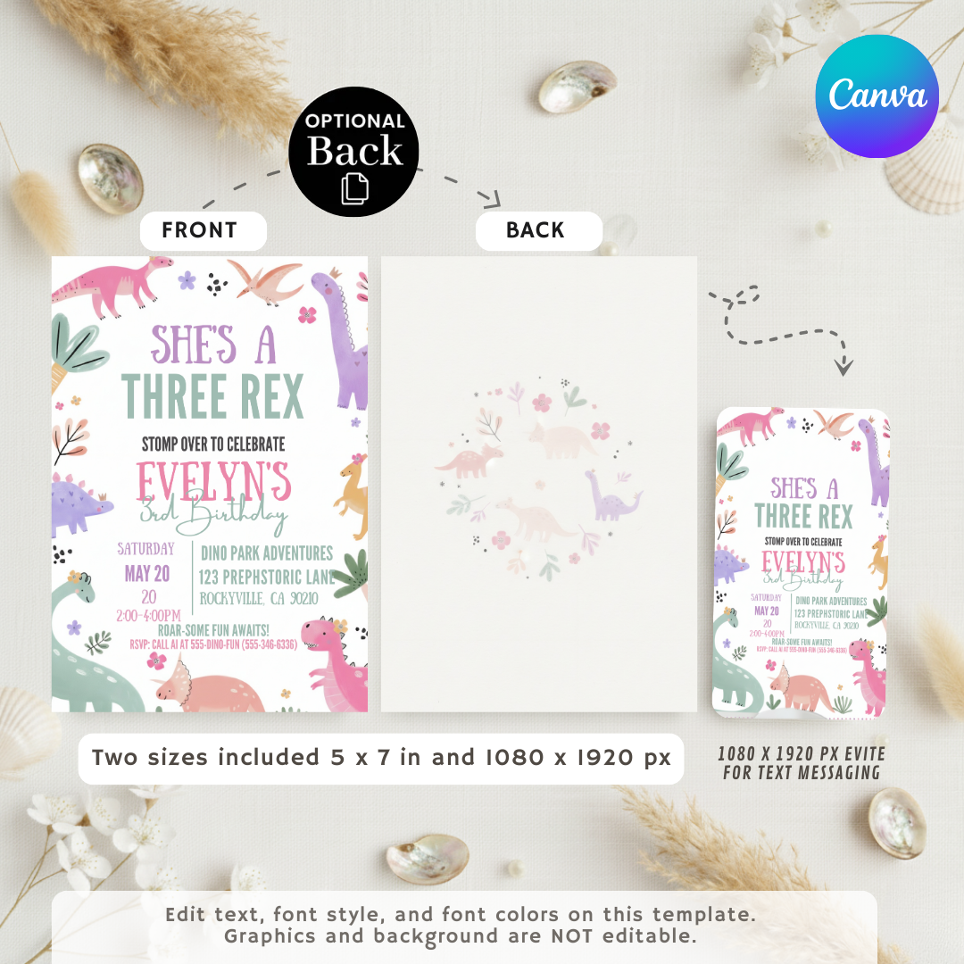 Girl's Three Rex Birthday Invitation | Editable Dinosaur 3rd Birthday Party Invite | Printable Pastel Dino Template | Instant Download Evite