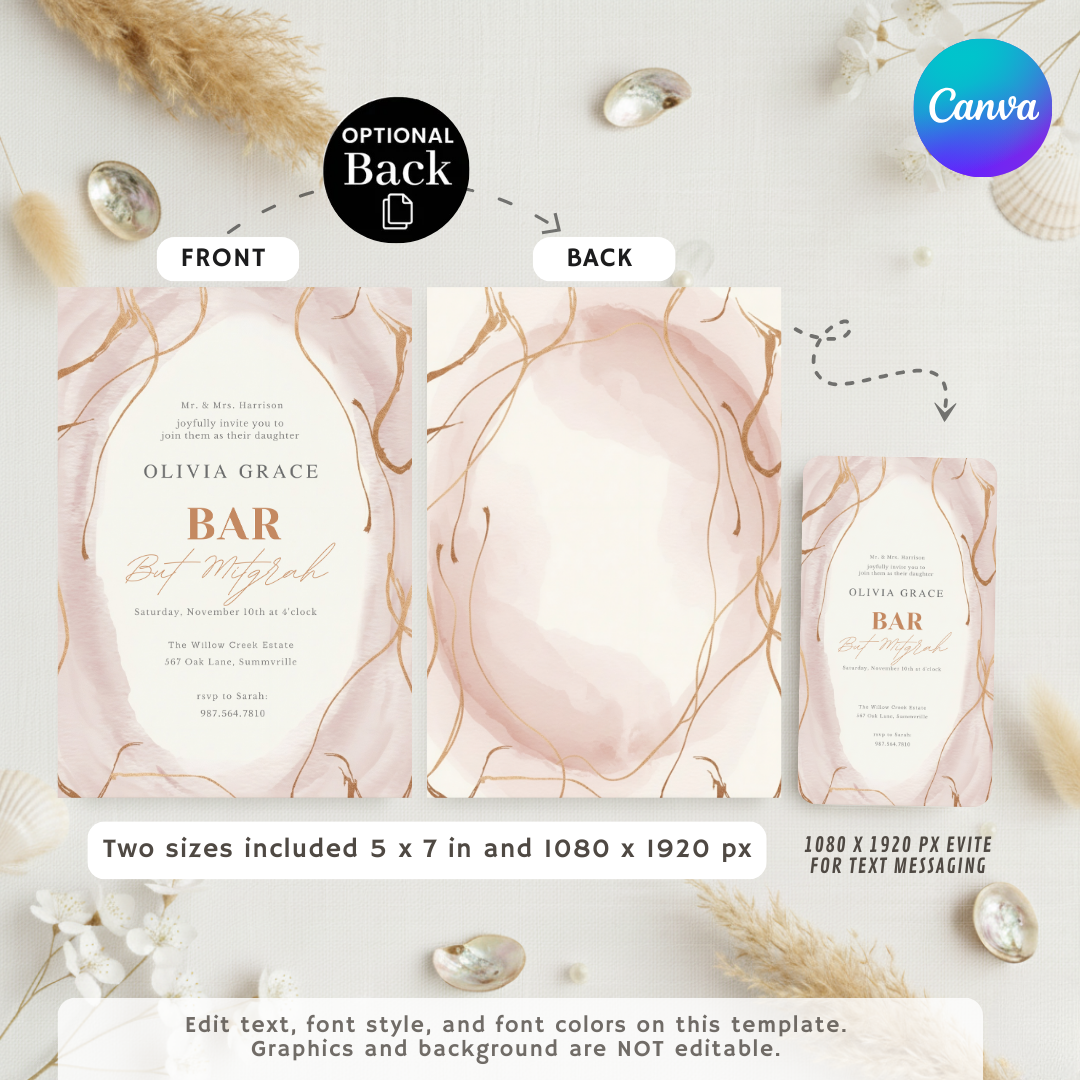 Bat Mitzvah Invitation Girl | Editable Template | Blush Pink and Rose Gold Invite | Modern Elegant Party | Printable Digital | Instant Download