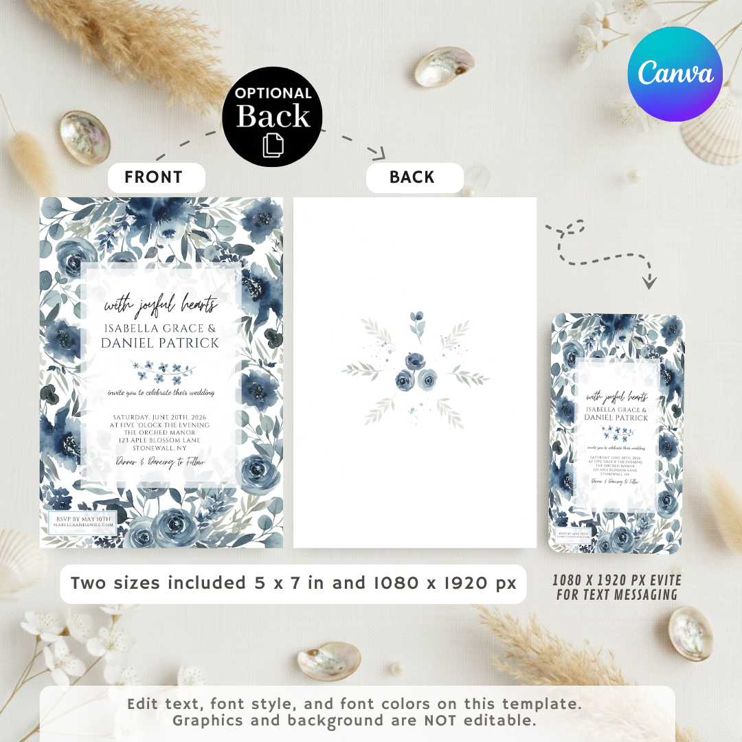 Dusty Blue Wedding Invitation Template | Editable Floral Invite | Navy Watercolor Flowers | Printable Canva Invite | Instant Download | Isabella