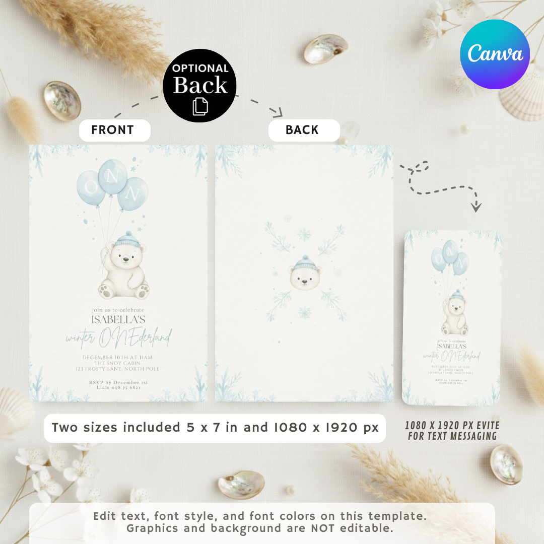 Winter Onederland First Birthday Invitation | Editable Polar Bear 1st Birthday Invite for Boy or Girl | Arctic Animal Theme | Digital & Printable