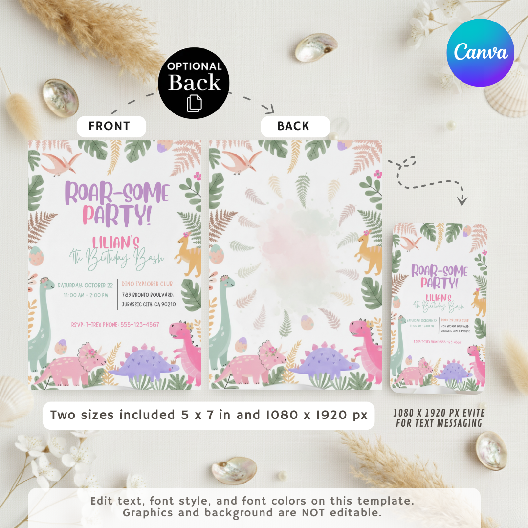 Girl Dinosaur Birthday Invitation Template | Editable Roar Some Party Invite | Pink Pastel Dino Birthday | Printable Digital Evite | Instant Download