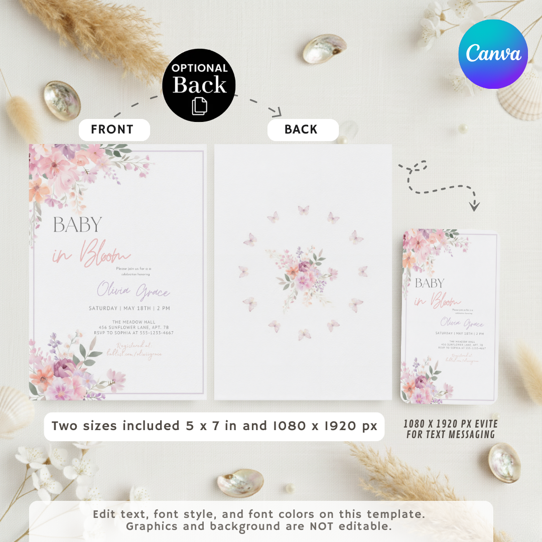 Baby in Bloom Baby Shower Invitation | Girl Baby Shower Invite | Editable Floral Butterfly Template | Printable Garden Party | Instant Download