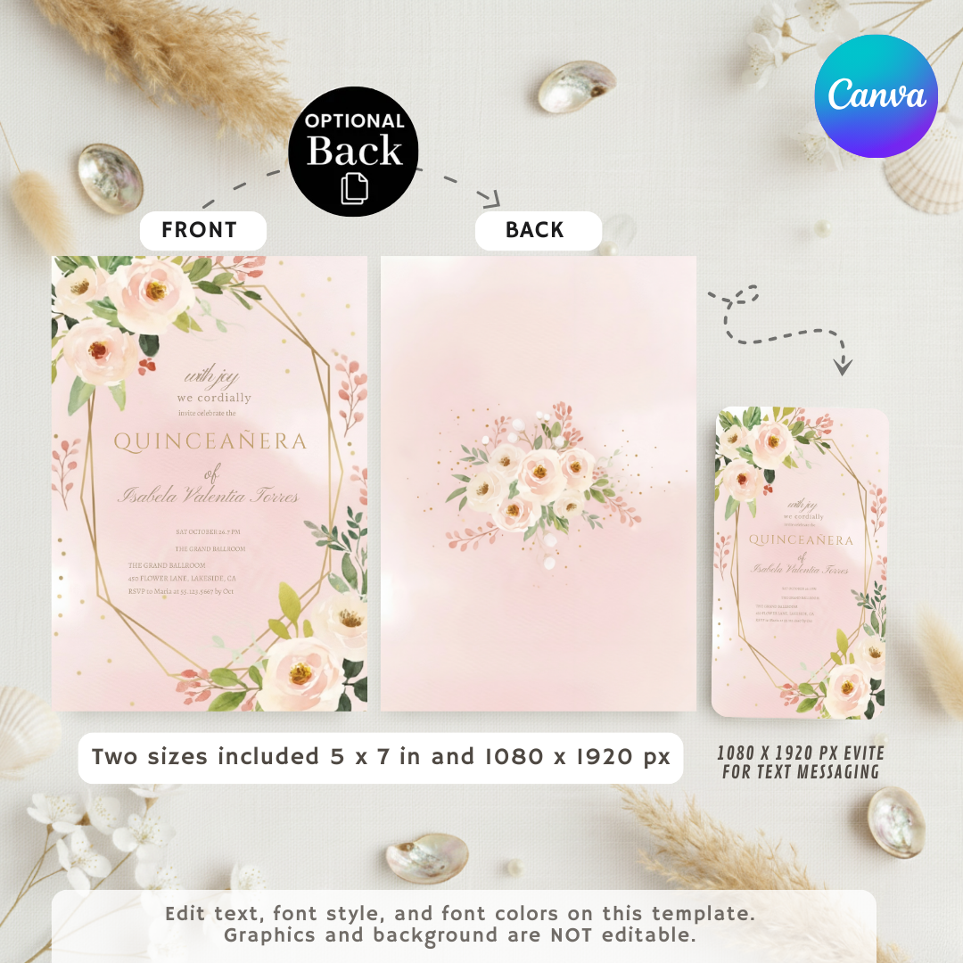 Editable Quinceañera Invitation Template | Blush Pink Floral Invite For Her | Gold Geometric Mis Quince Años | Printable 15th Birthday | Digital