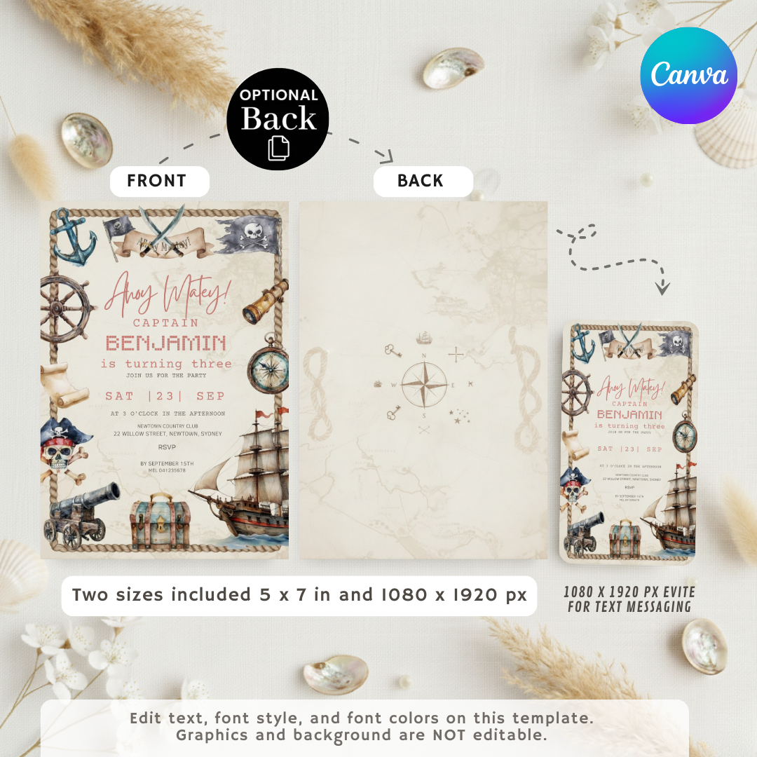 Pirate Birthday Invitation Boy | Editable Ahoy Matey 3rd Birthday Invite | Treasure Map Party Template | Printable Instant Download Digital