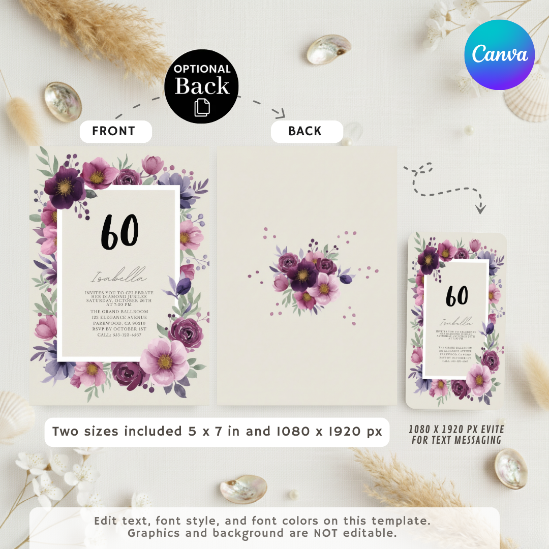 60th Birthday Invitation for Her | Editable Floral Template | Purple & Pink Watercolor | Diamond Jubilee Party Invite | Printable Digital Evite