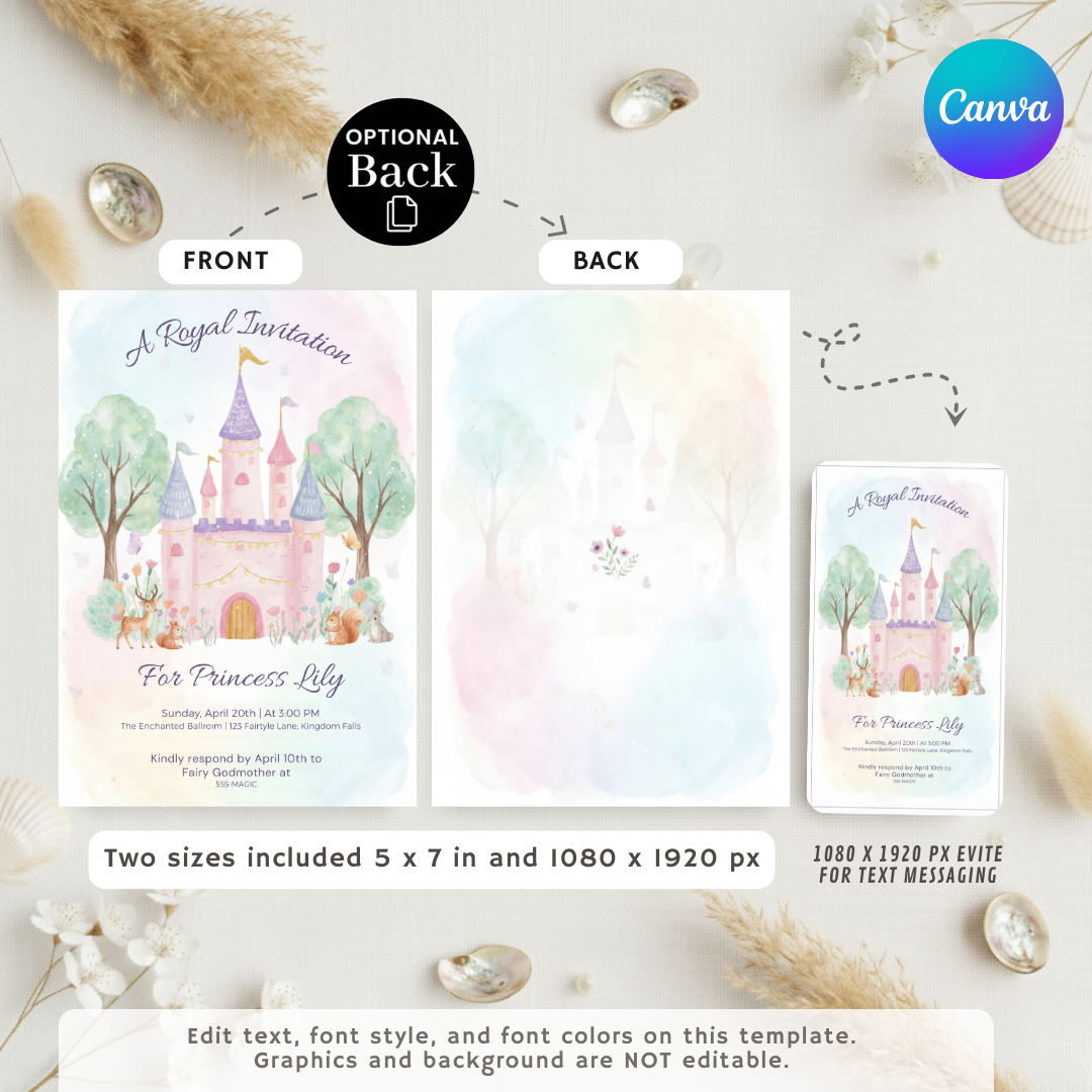Princess Birthday Invitation Template | Editable Royal Castle Invite for Girl | Fairytale Woodland Party | Printable Digital | Instant Download