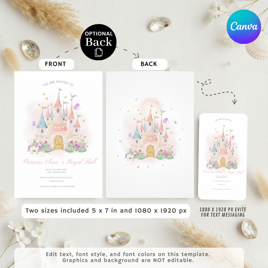 Princess Birthday Invitation Girl | Editable Royal Ball Invite Template | Fairytale Castle Unicorn Party | Printable Digital Evite | Instant Download