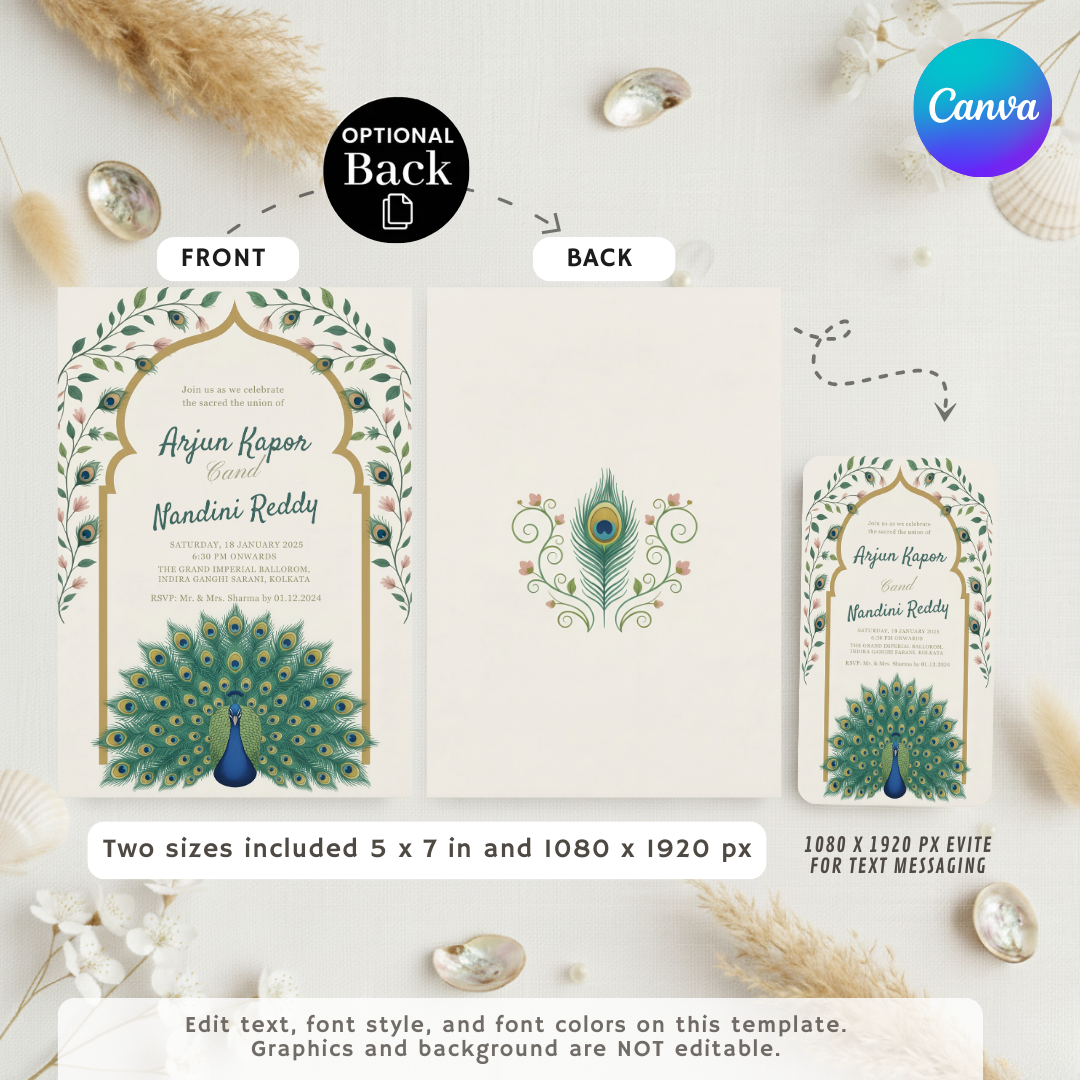 Indian Wedding Invitation Template | Editable Peacock Invite | Royal Desi Wedding Card | Printable Hindu Wedding Stationery | Digital Download