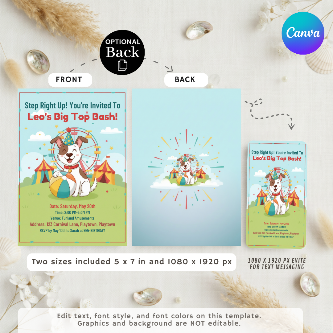 Circus Birthday Invitation Boy | Editable Dog Carnival Party Template | Big Top Bash First Birthday Invite | Printable Digital Evite Instant Download