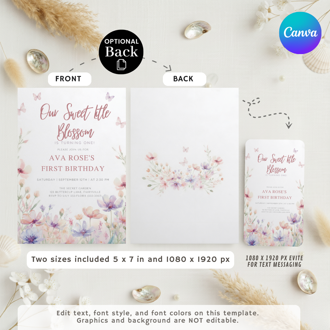 Girl's First Birthday Invitation | Editable Wildflower Garden Party Invite | Our Sweet Blossom Theme | Printable Template | Instant Download