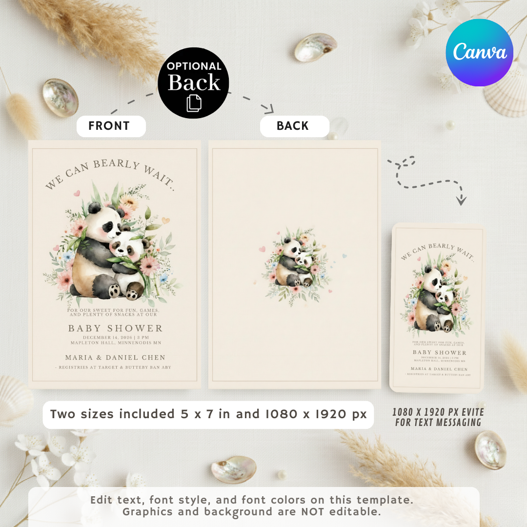 Panda Baby Shower Invitation | We Can Bearly Wait Invite | Editable Template for Boy or Girl | Watercolor Animal Theme | Instant Download