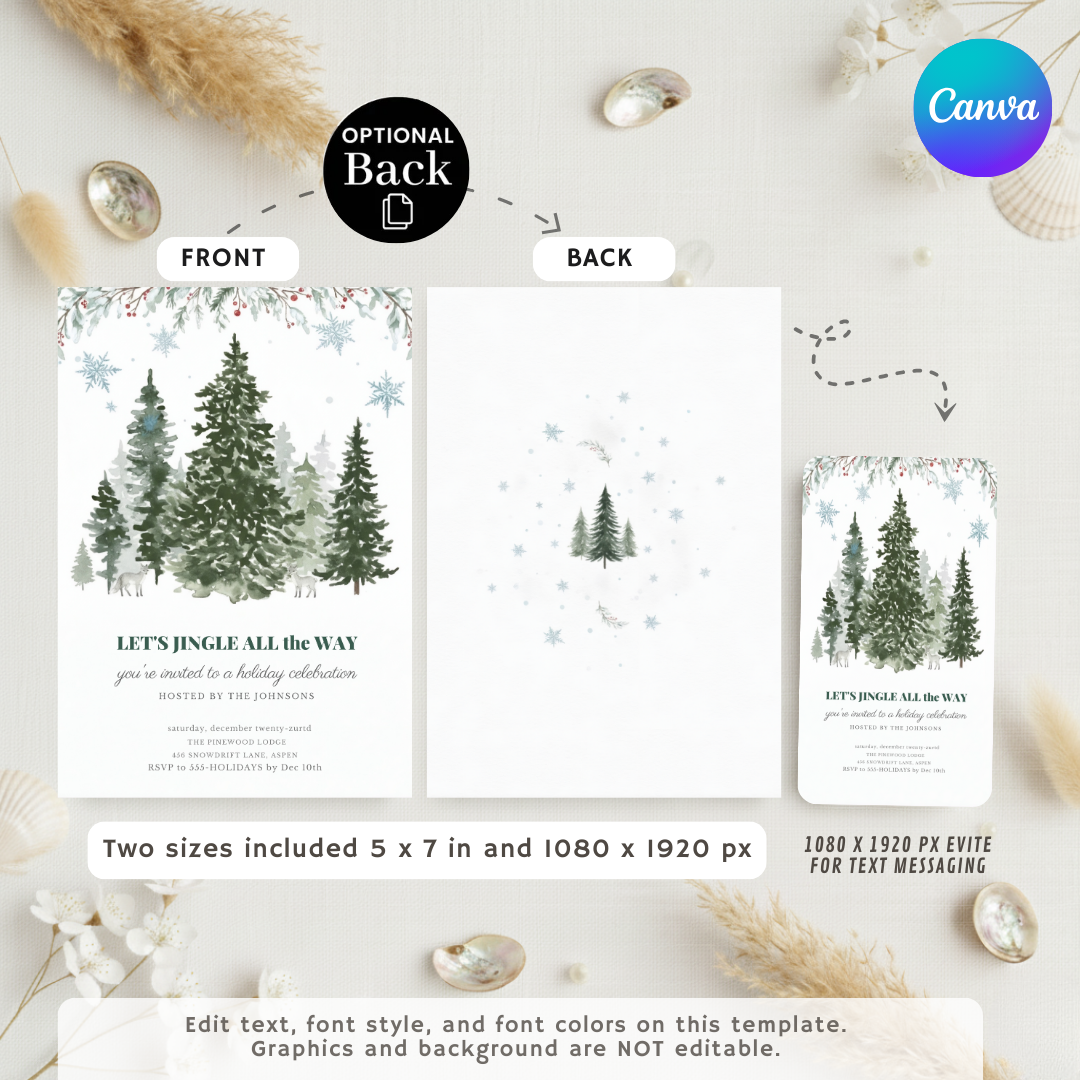 Holiday Party Invitation Editable | Winter Woodland Christmas Invite | Jingle All The Way Template | Rustic Pine Tree Evite | Instant Download