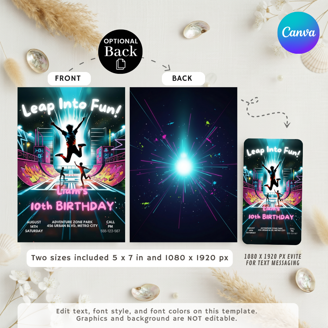 Boy's Birthday Invitation | Trampoline Park Party Invite | Editable Neon Glow Template | Leap Into Fun | Printable Digital | Instant Download