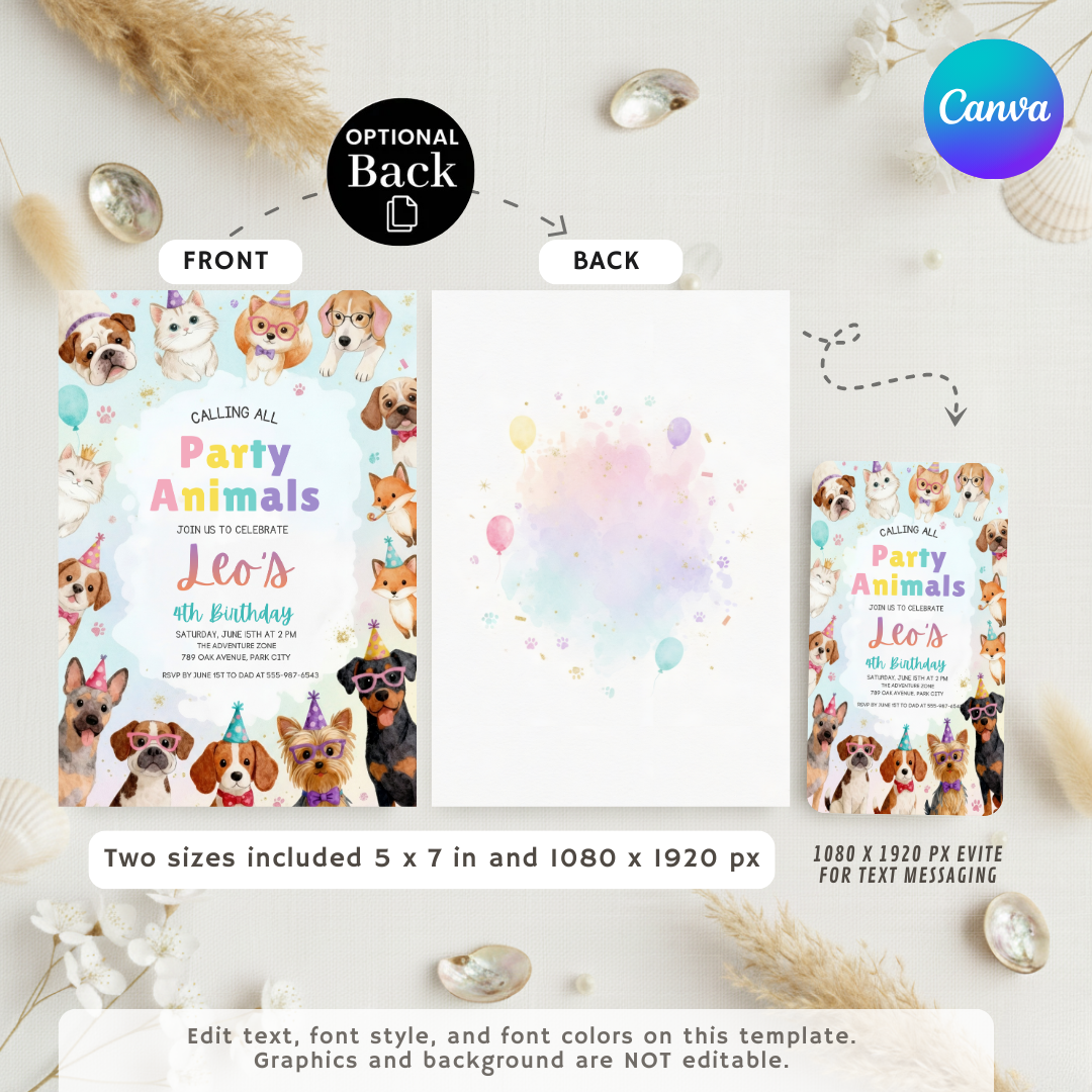 Party Animals Birthday Invitation | Editable Pet Party Invite for Boy or Girl | Puppy Kitten Theme | Printable Digital Template | Instant Download