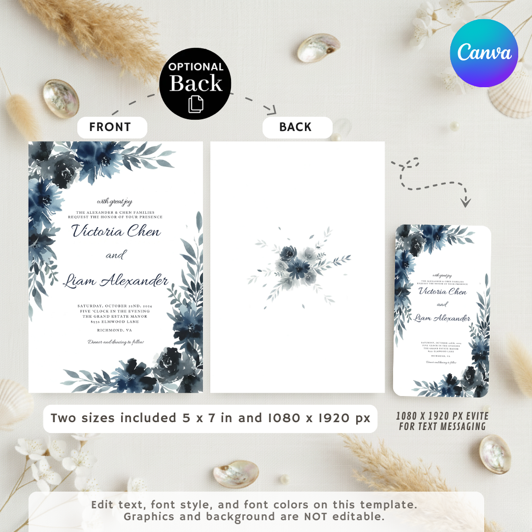 Navy Blue Floral Wedding Invitation Template | Editable Watercolor Invite | Elegant Modern Wedding Stationery | Printable Digital Download | Victoria