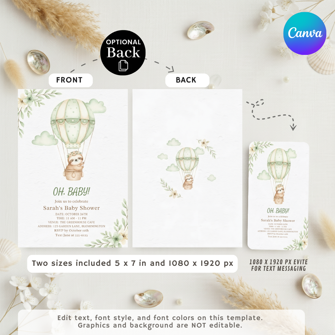Sloth Baby Shower Invitation Template | Editable Hot Air Balloon Invite | Boy or Girl | Sage Green Watercolor | Printable | Instant Download